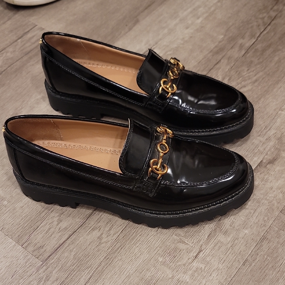 Sam Edelman Black Patent Leather Loafers with Gold Accent